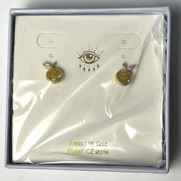 Eye Candy LA Luxe Earrings Crystal LEMON ZEST Fruit 18k Gold Plate CZ Stone Stud - Picture 4 of 7